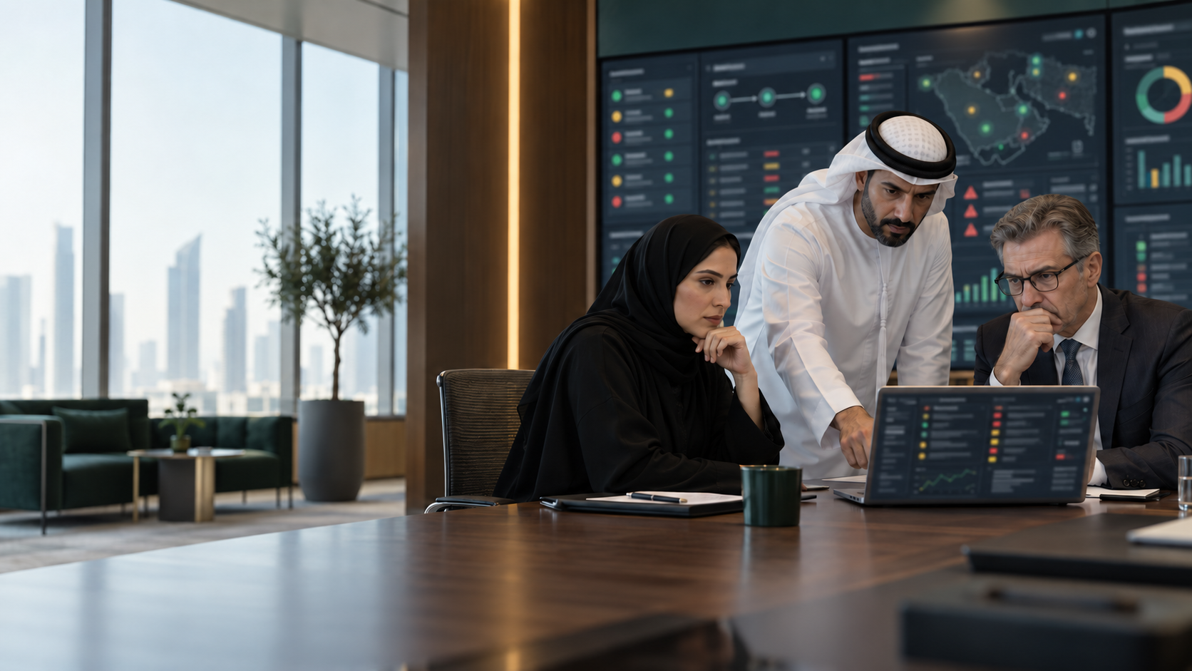 Enterprise leaders reviewing privacy-obscured AI-agent oversight dashboards.